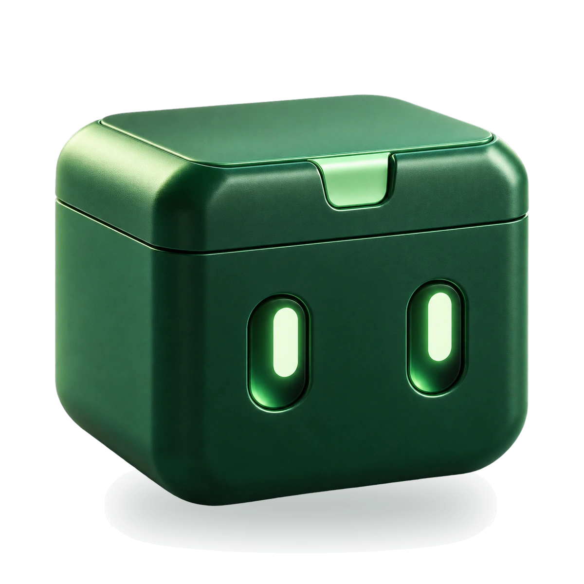Pal, your collecting companion: a forest-green box with two glowing eyes