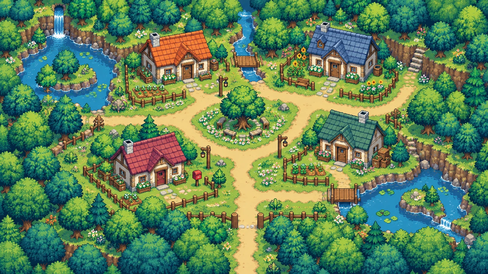 Four cozy cottages connected by sandy paths, gardens and bridges in a pixel-art woodland village